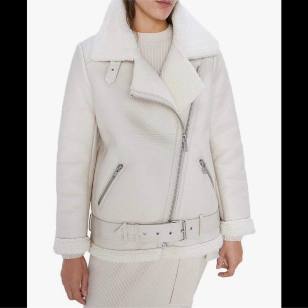 Fitaylor Women's Cream Shearling Moto Jacket Size M